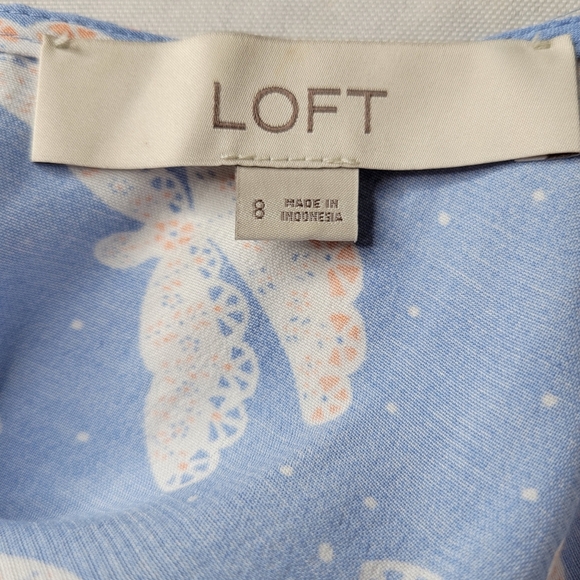 Loft Midi Dress Size 8 Blue Dragonflies Cap Sleeve 12 Inch Slit Back Zip Viscose - Picture 6 of 11